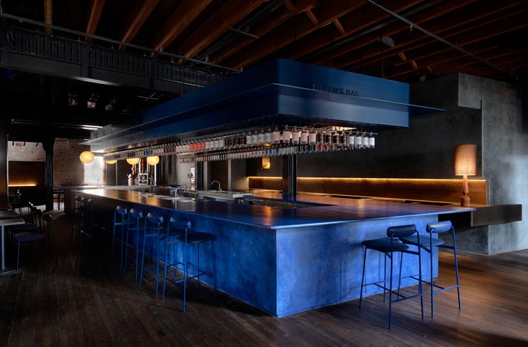 The juniper blue-coloured bar at Four Pillars Gin Laboratory in Sydney. 