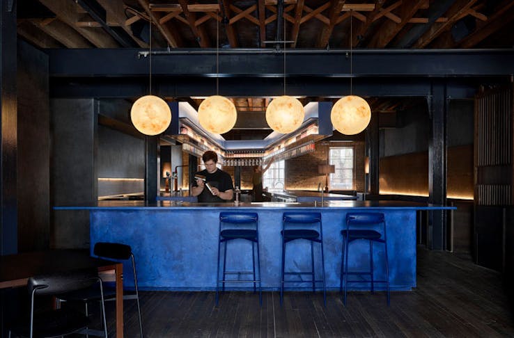 The juniper blue-coloured bar at Four Pillars Gin Laboratory in Sydney. 