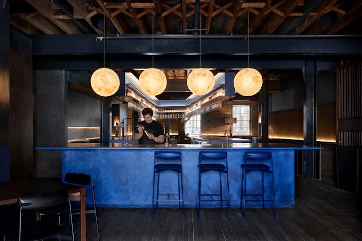 The juniper blue-coloured bar at Four Pillars Gin Laboratory in Sydney. 