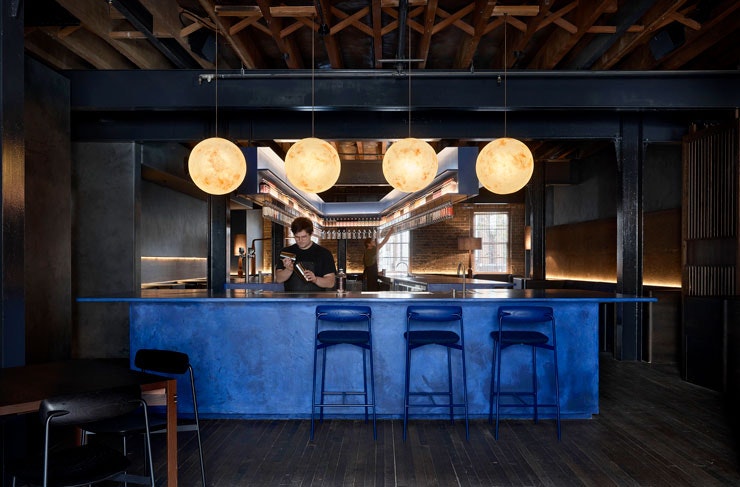 The juniper blue-coloured bar at Four Pillars Gin Laboratory in Sydney. 