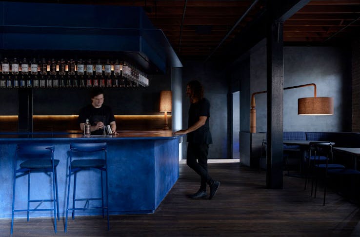 The juniper blue-coloured bar at Four Pillars Gin Laboratory in Sydney. 