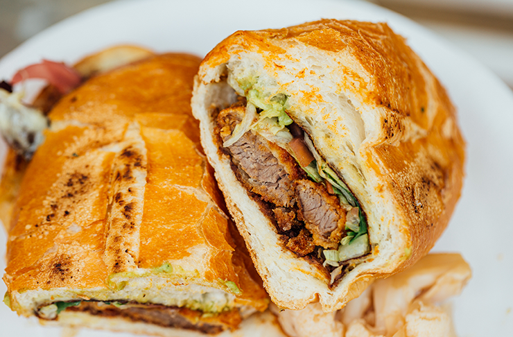 A freshly-made torta from Frankie's, stuffed with beef milanesa.