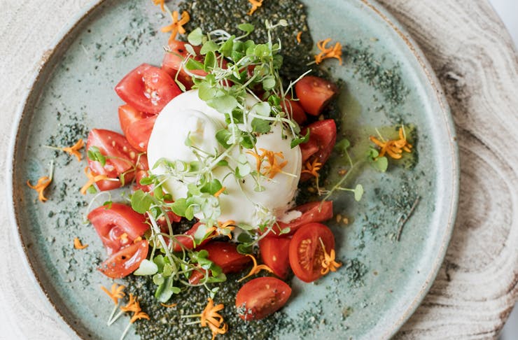 A brunch dish that looks like art, featuring tomatoes, eggs and a garnish from VanillaFood in Noosa.
