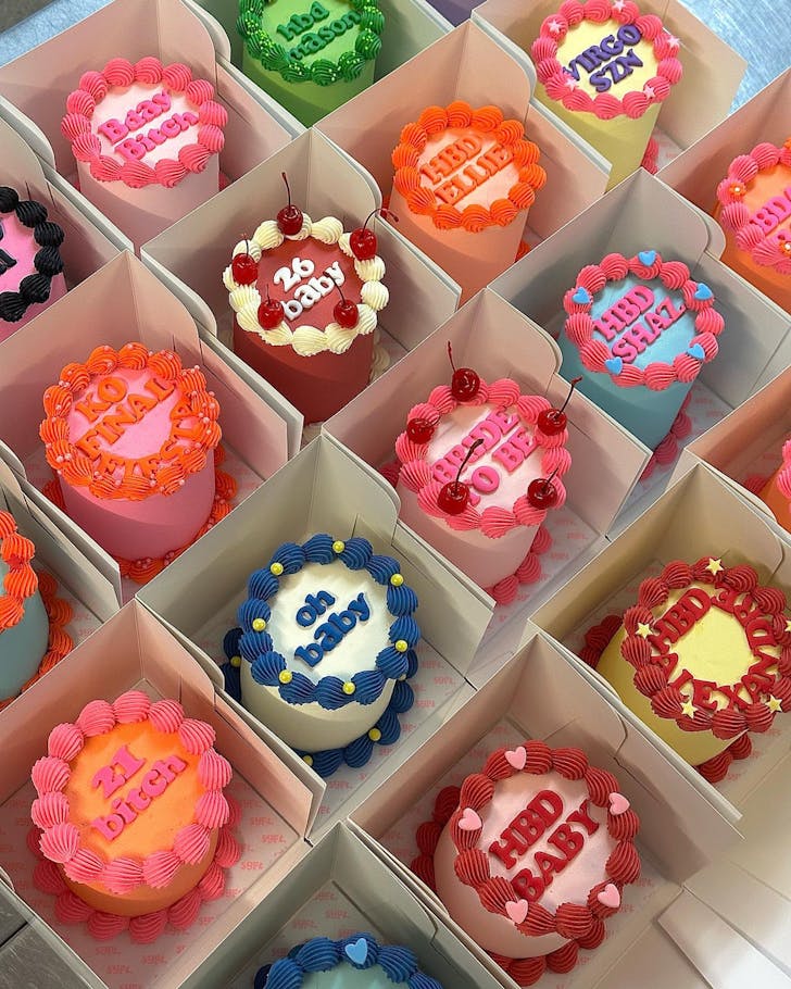 A selection of bright mini cakes from Gather Bakehouse 