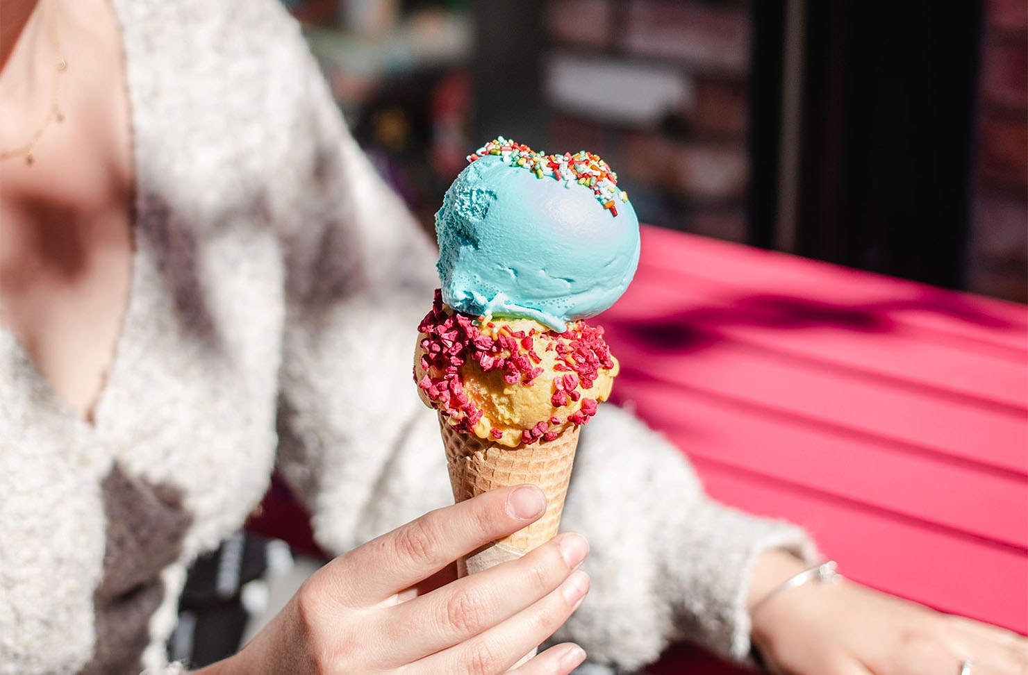 A scoop of bubblegum gelato will always brighten your day and then a wee scoop of fresh mango passionfruit will leave you feeling refreshed!