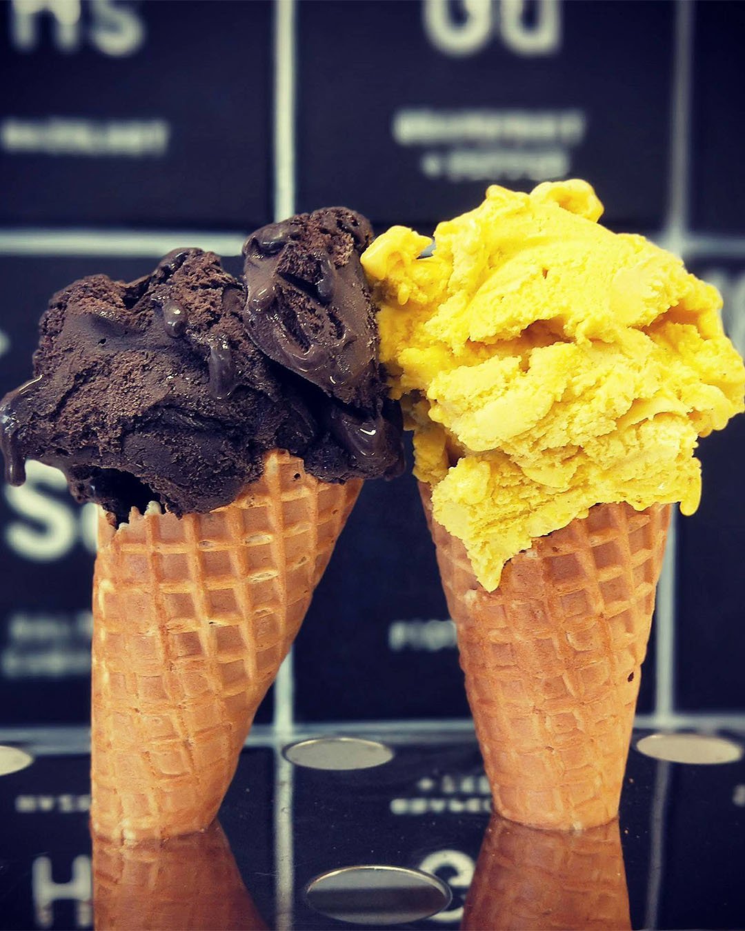 Two lovely looking cones waiting to be devoured at The Gelato Lab, one of the best places to get ice cream in Christchurch.