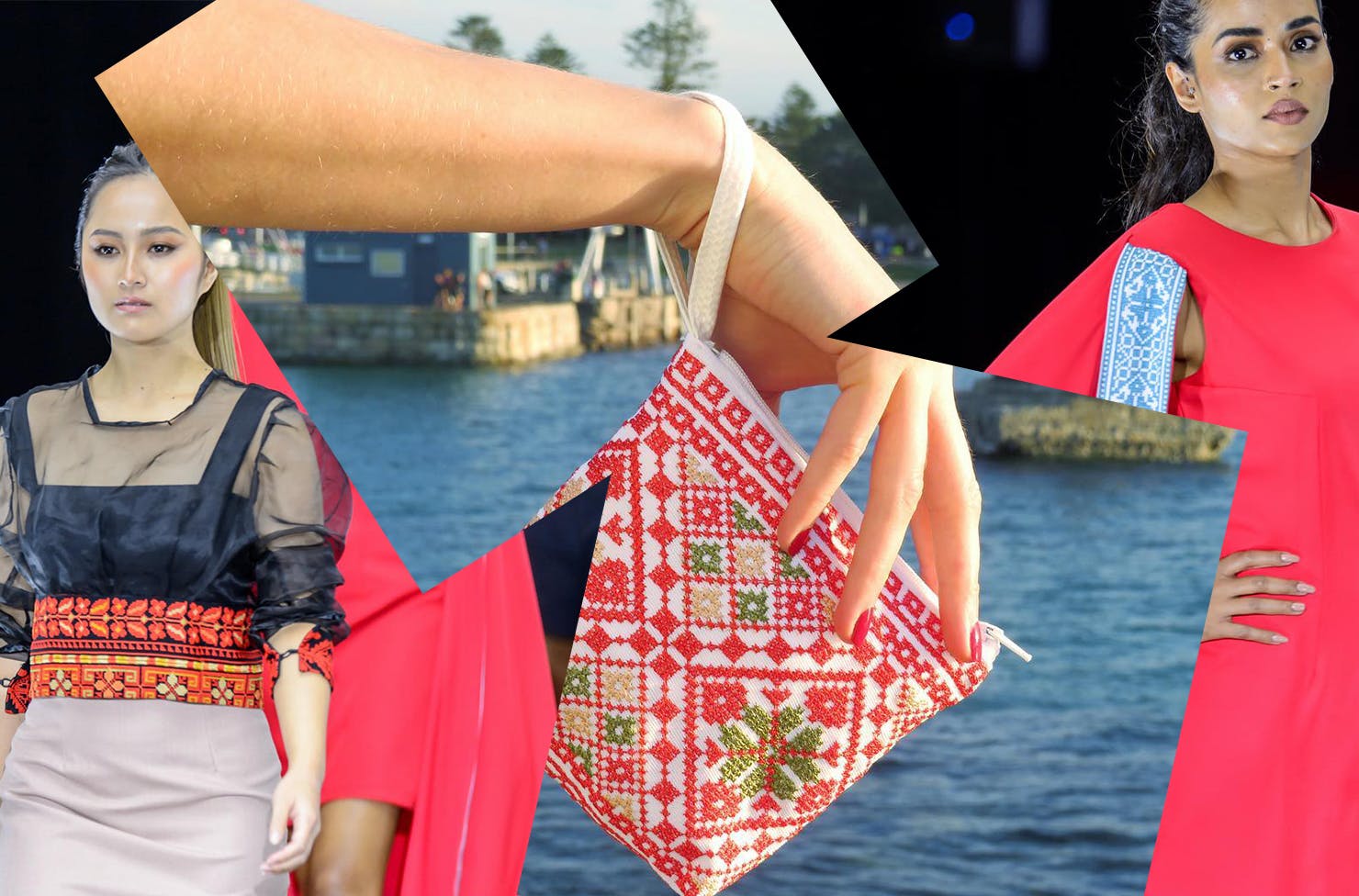 A collage featuring runway looks and a purse from Gina Berjeel