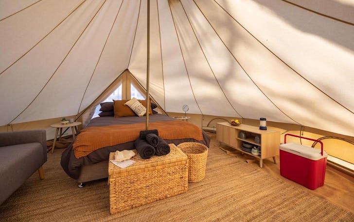 the inside bedroom section of a cotton bell tent 