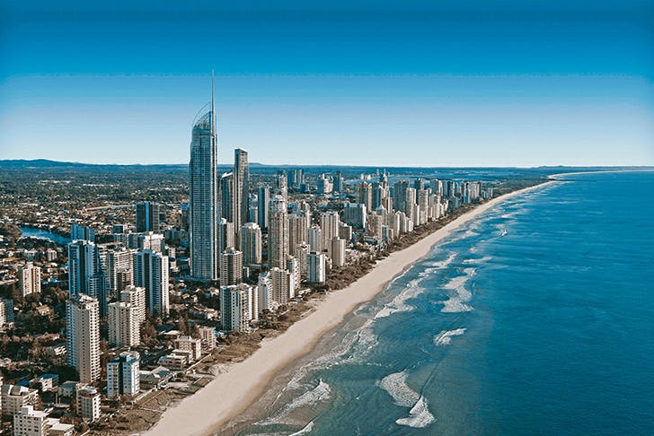 an aerial shot of the surfers paradise skyline 