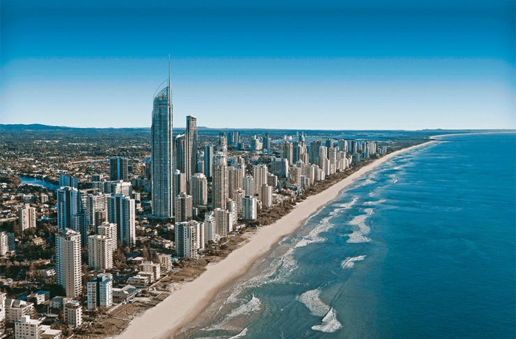 an aerial shot of the surfers paradise skyline 