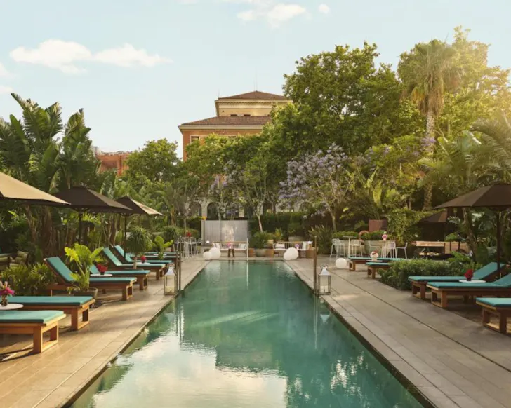 The striking pool and sun beds at the tranquil Grand Hyatt Barcelona. 
