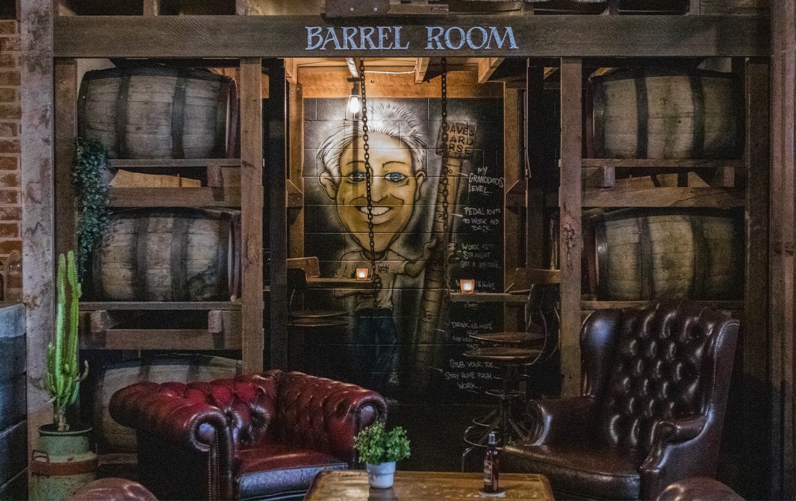 small seating area filled with barrels