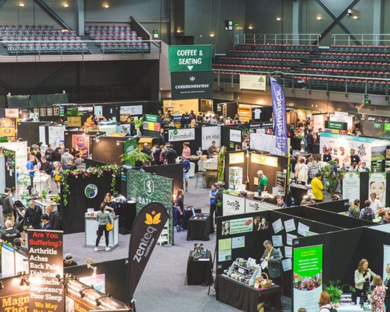 An overhead shot of the Go Green Expo shows off many eco-themed stallholders 