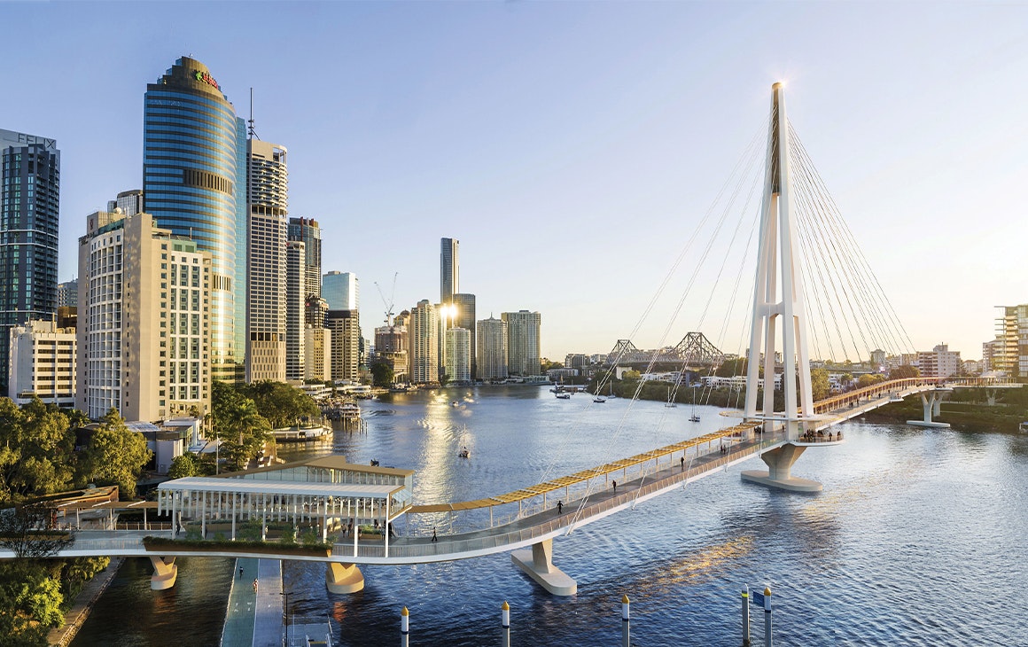 an artists impression of the new bridge, with the city skyline in the background