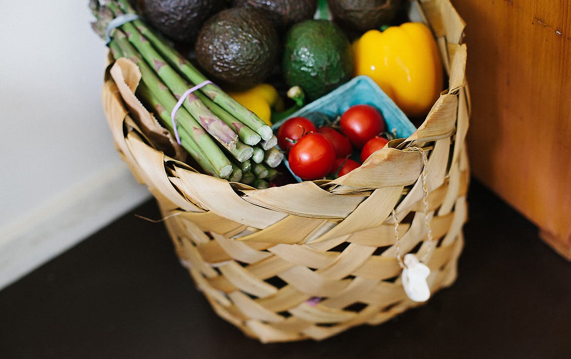 A basket of groceries by the door