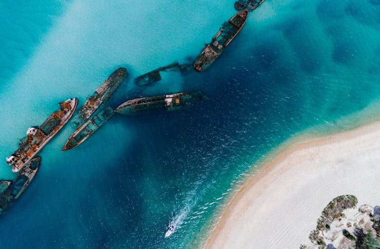 An aerial view of the Tangalooma shipwreck on Moreton Island.