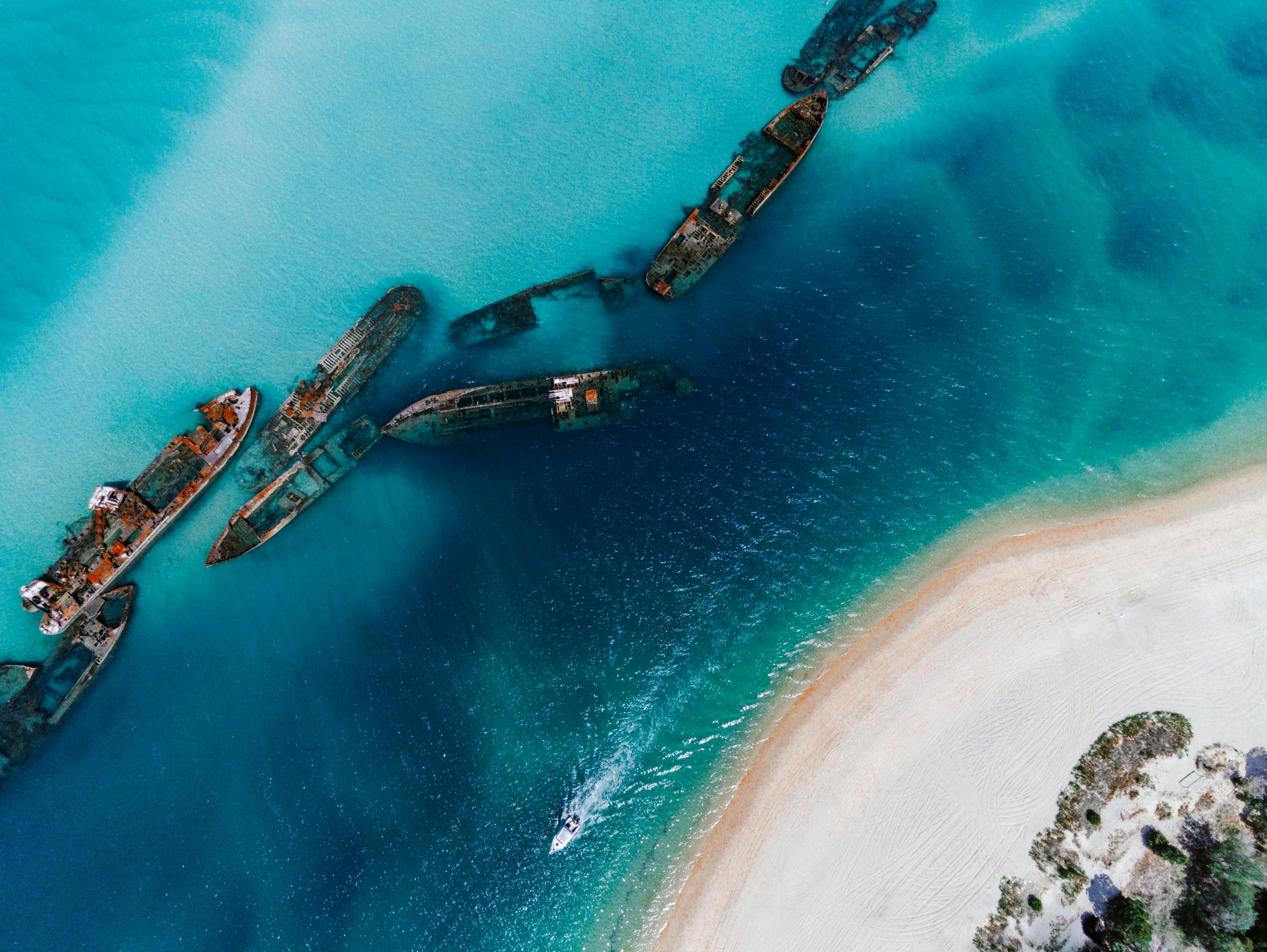 An aerial view of the Tangalooma shipwreck on Moreton Island.