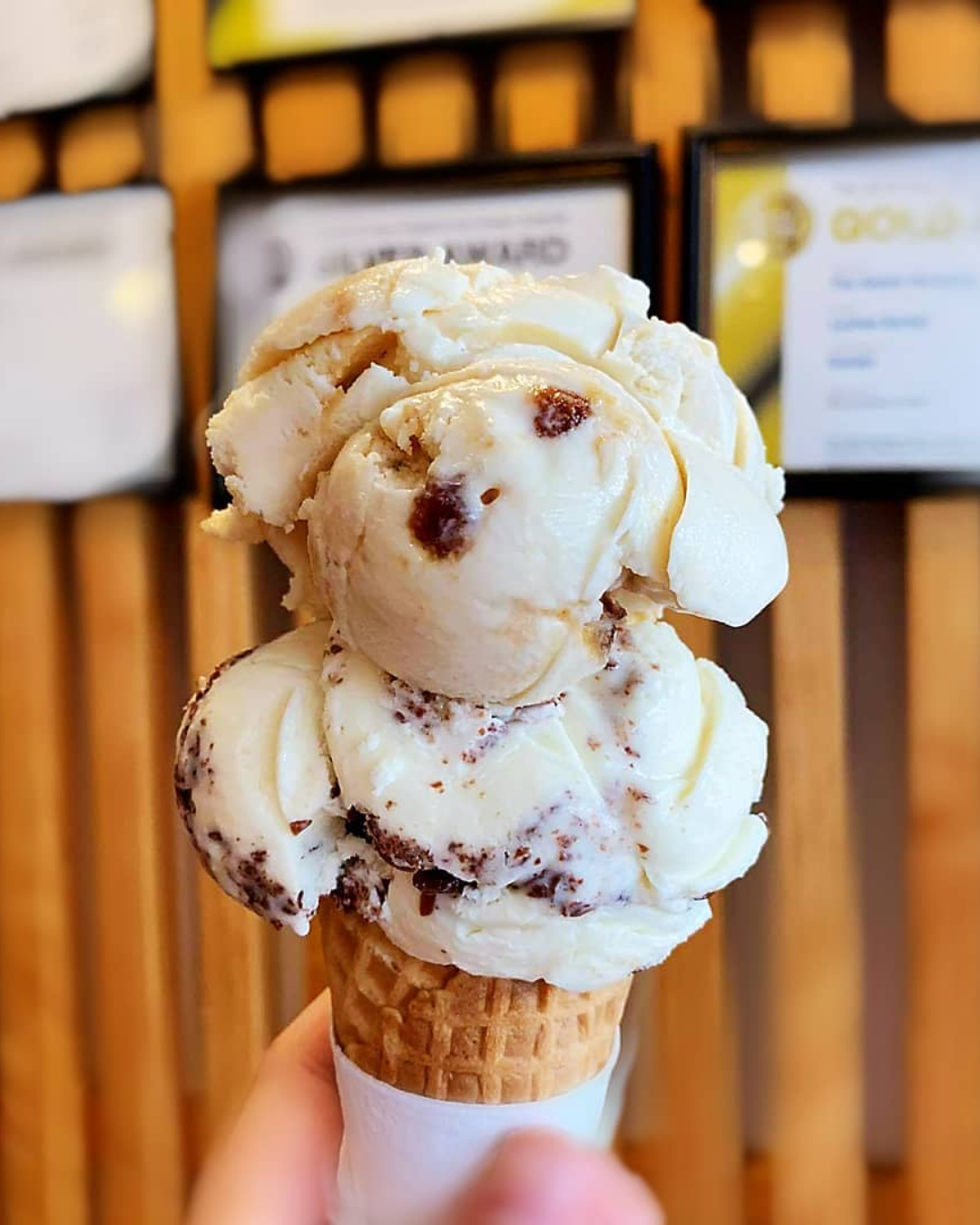 A close up look at a delicious double scoop from The Gelato Workshop