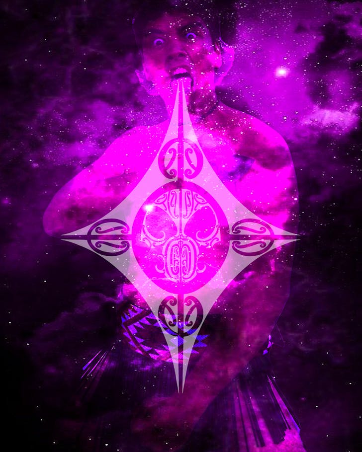 A mystical, spiritual image of a purple starscape with MÄori designs and a man in MÄori attire performing with a pukana.