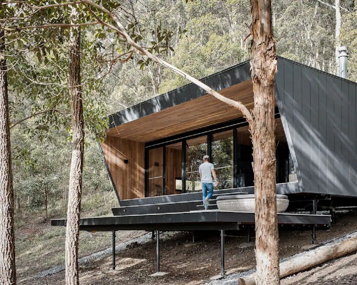 The exterior view of Heartwood Cabin, an Airbnb with a fireplace 90 minutes from Brisbane