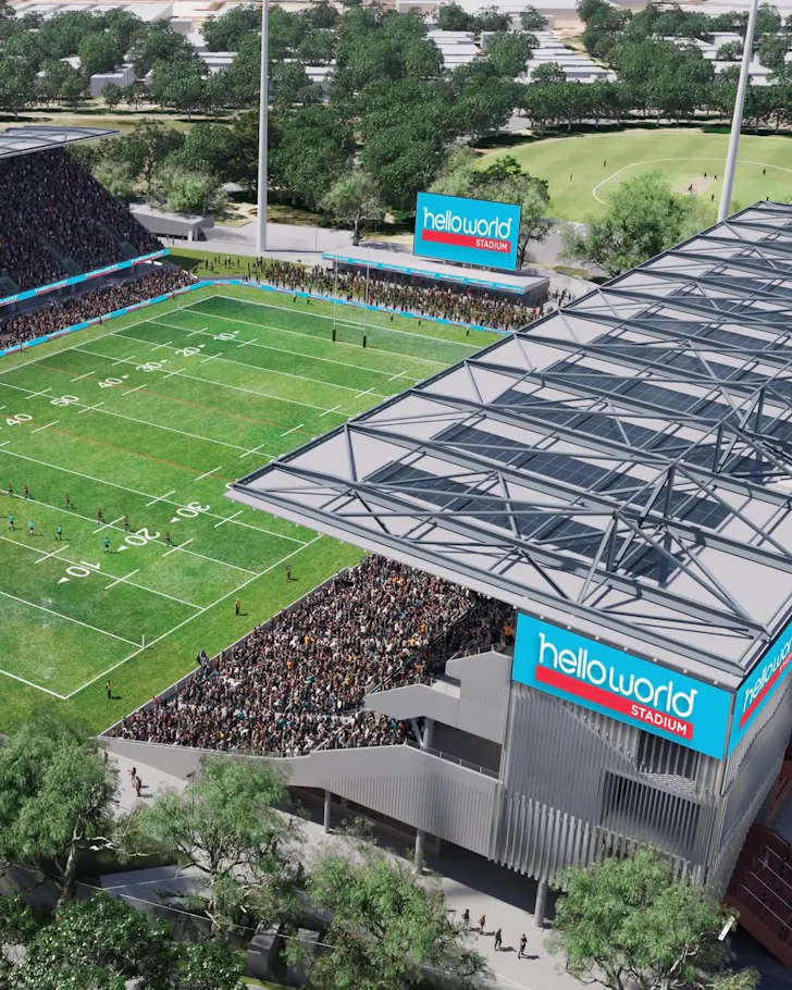 Artist's impression of the new Helloworld Stadium in Penrith, showing a packed crowd watching a rugby league match from steep grandstands beneath a large roof structure.