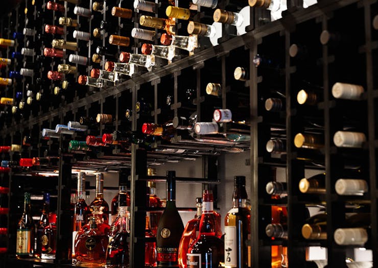 The wall of wine bottles at Hendriks Bar. 