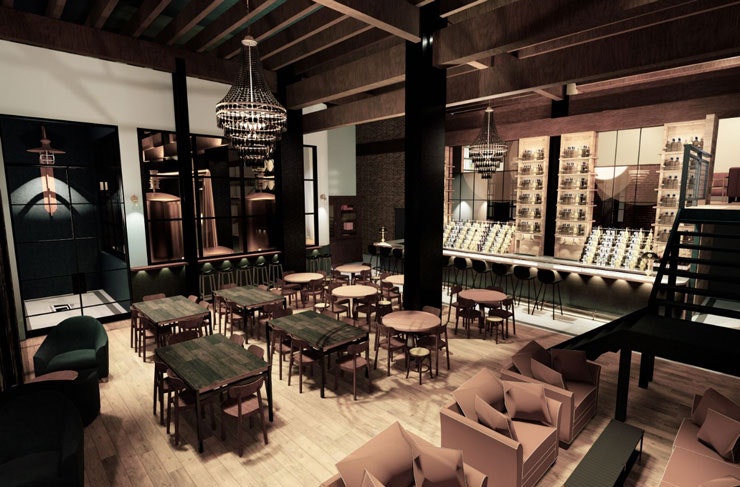 The warehouse style bar and lounge area at Hickson House in The Rocks, Sydney. 