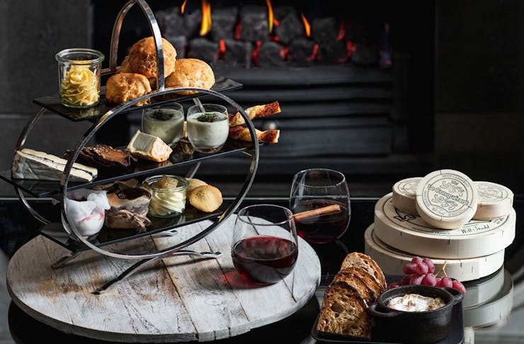 The Westin's High Cheese event. Savoury and sweet cheese treats can be seen on a classic high tea stand.