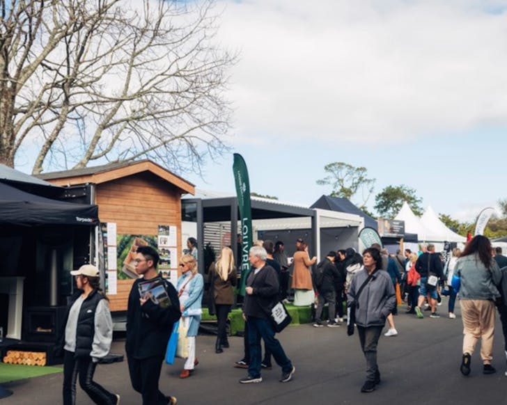 Crowds outside wander past exhibits at The Auckland Home Show.