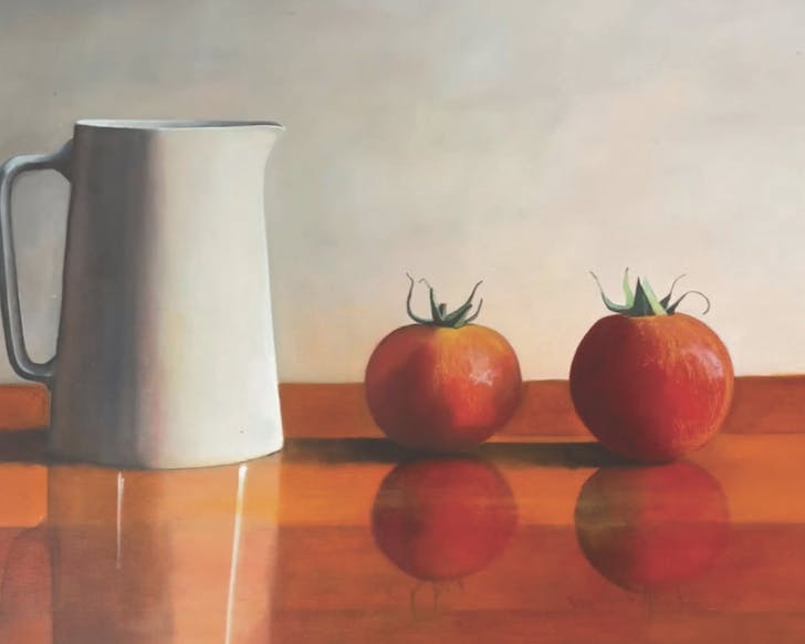 A warm, cute painting of two tomatoes and a white jug on a bench.