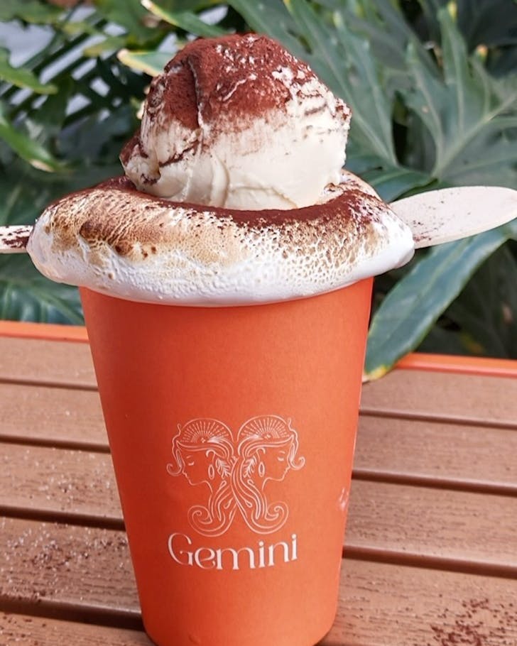 A hot choc topped with marshmallow and ice cream