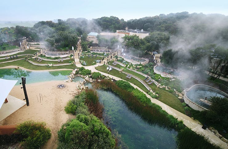 An aerial shot of the Peninsula Hot Springs.