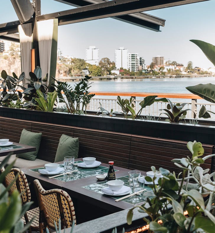 a table by the river