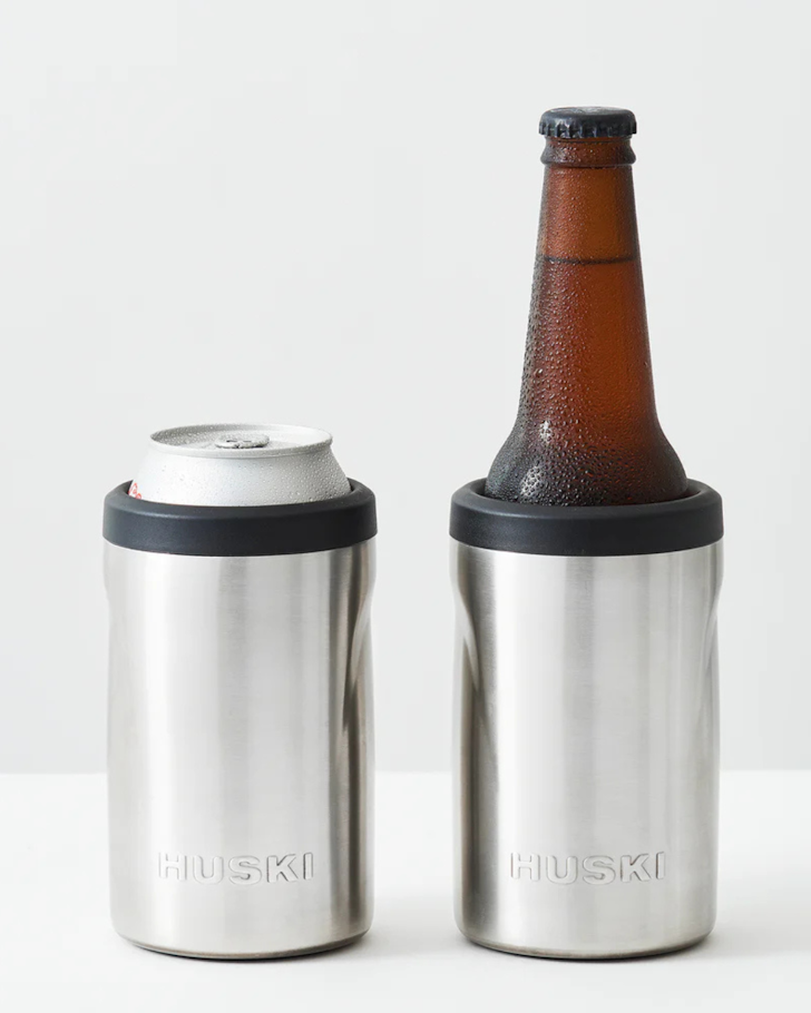 The Huski Cooler 2.0 cooling a can and cooling a bottle.