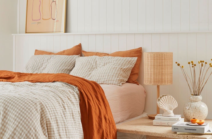 A bedroom featuring gingham linen from I Love Linen. 
