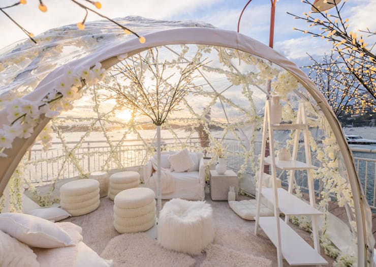 The pop-up igloo suite at Pier One hotel in Sydney, with Walsh Bay in the background. 