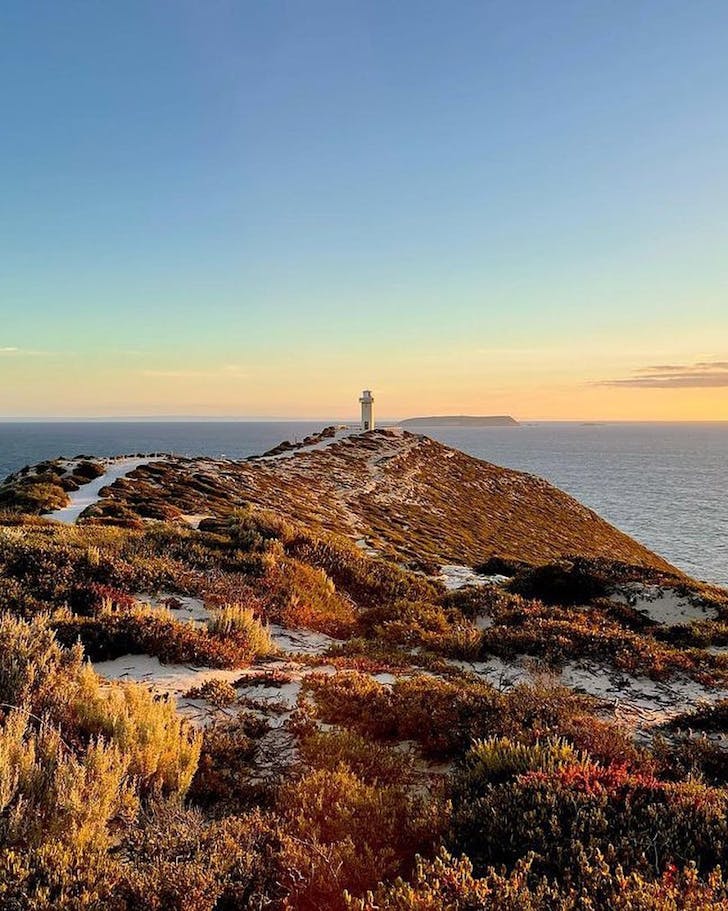 A light house on the edge of the coast at sunset