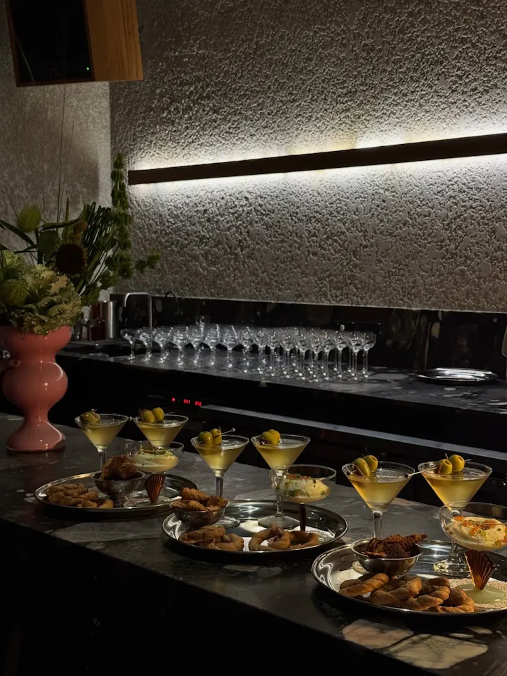 A lineup of martini and snack pairings for Erin's three martini dinner.