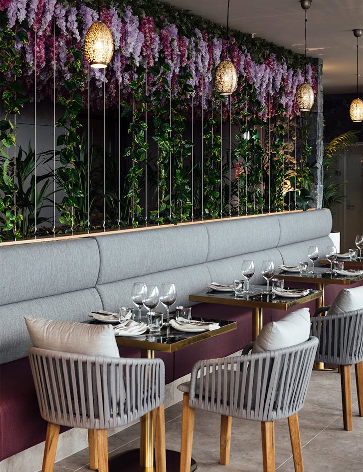 tables under a wisteria ceiling at iris