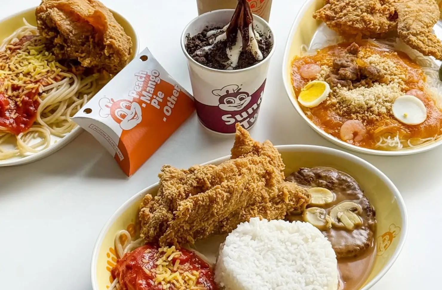 Fast food dishes and fried chicken at Jollibee.