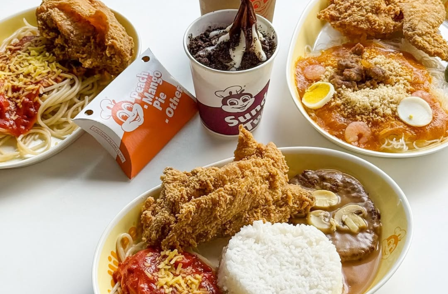 Fast food dishes and fried chicken at Jollibee.