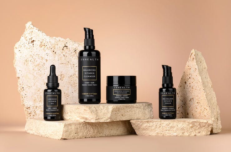 The JSHealth Skincare range displayed on pieces of stone. 