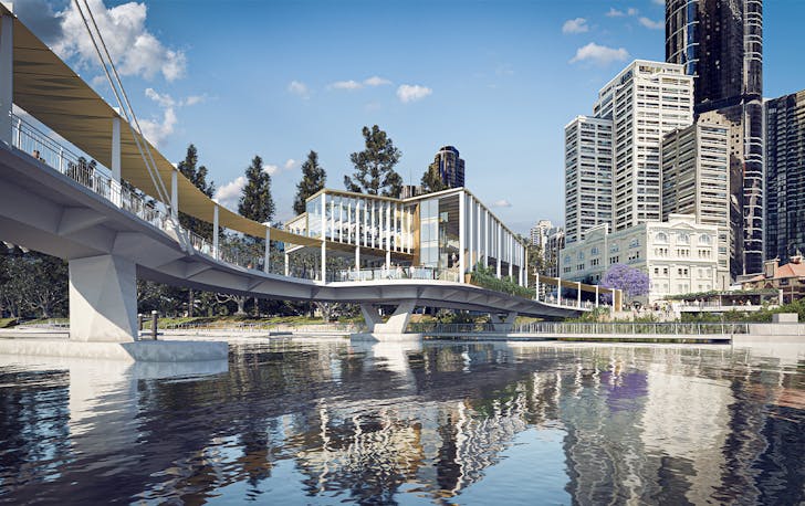 an artists impression of the overwater restaurant on the bridge