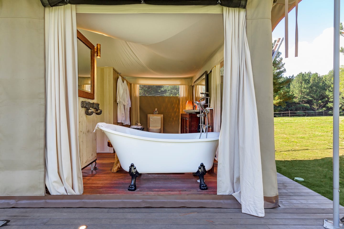 a bath in a luxe canvas tent