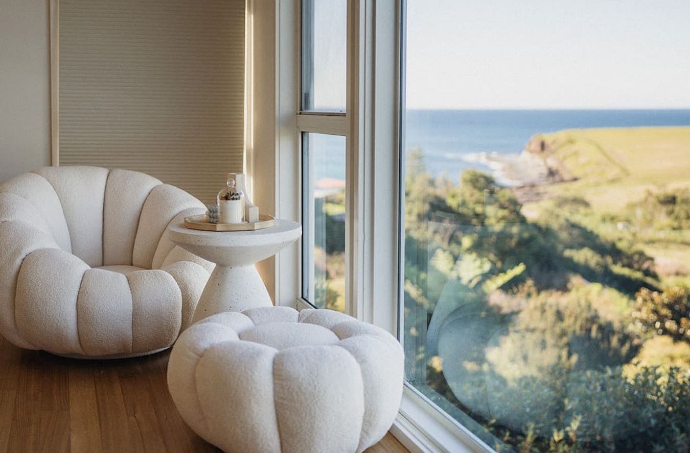 A loungeroom with a view at an Airbnb in Kiama