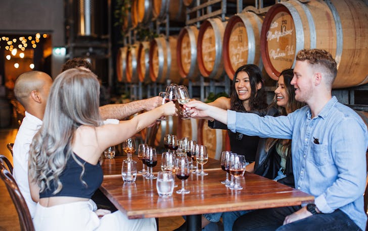 people cheersing glassing of wine around a table