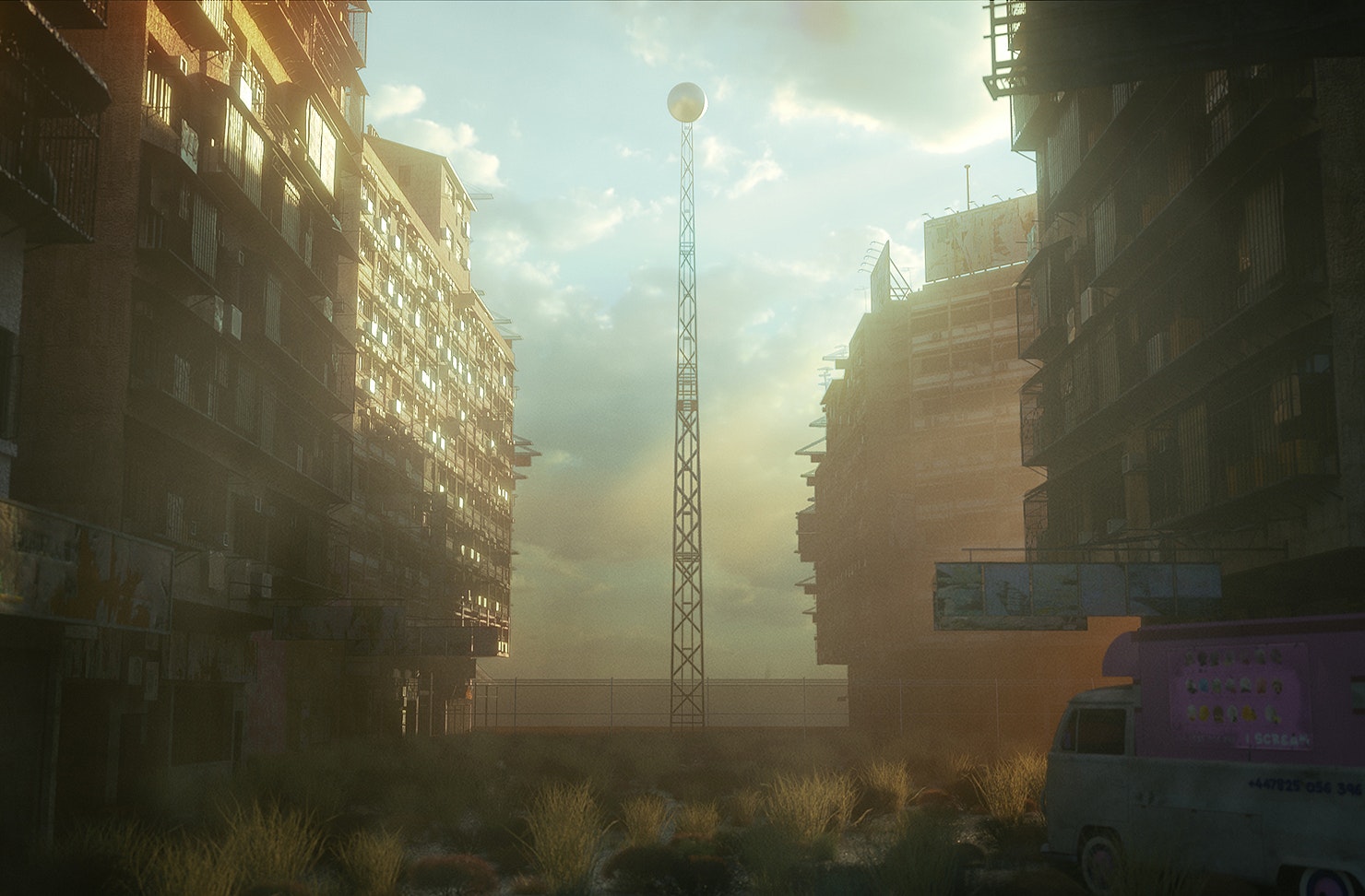 A dystopian scene showing huge containers.