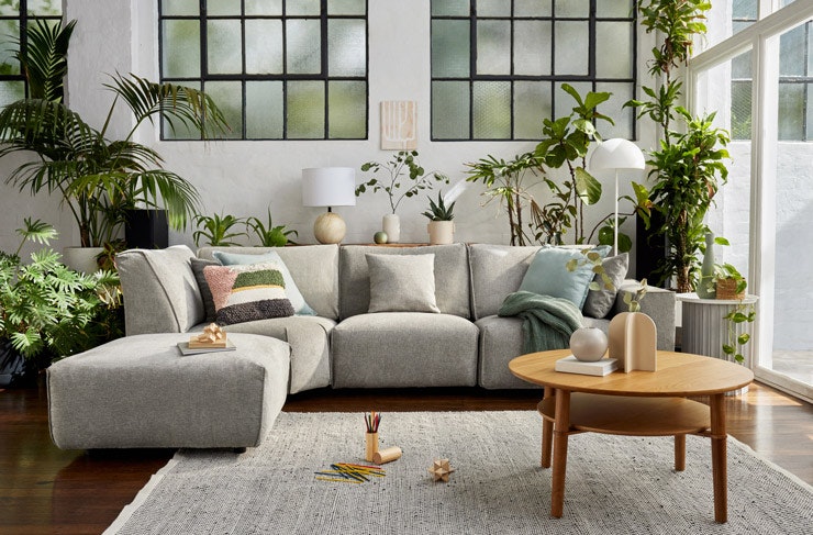 A grey modular sofa surrounded by lush green plants