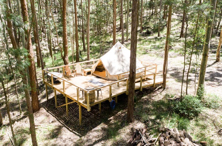 A glamping tent set-up in the bush. 