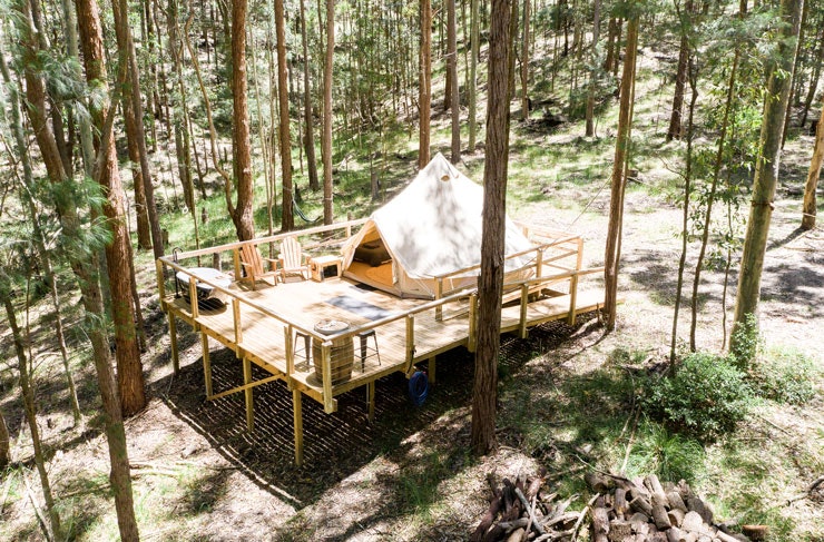 A glamping tent set-up in the bush. 